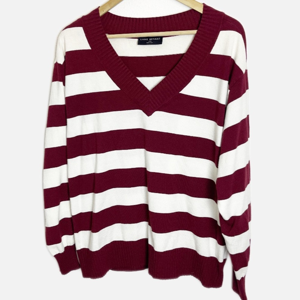 Lane Bryant Maroon and Cream stripe V neck sweater 14/16